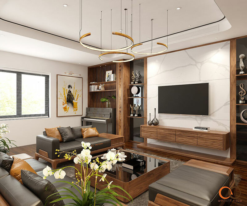 Kệ tivi bằng gỗ óc chó với chi tiết trang trí lượn sóng