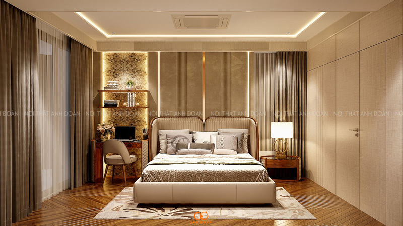Phòng ngủ với sự kết hợp của nhiều loại ánh sáng từ các loại đèn khác nhau 