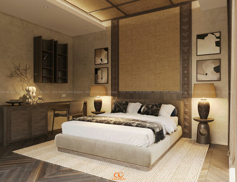 Phòng ngủ mộc mạc gợi nhớ về sự đơn giản hơn, với việc sử dụng gỗ, kết cấu tự nhiên và cảm giác ấm cúng