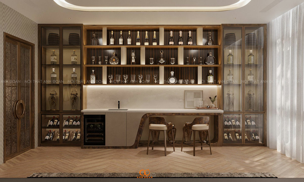 Không gian sinh hoạt chung với nột thất gỗ óc chó sang trọng